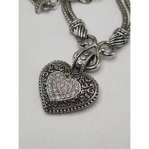 Lia Sophia Heart Pendant Necklace Silver Tone Rhinestone Double Braided Chain - Picture 2 of 9